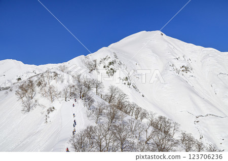 從白雪皚皚的天神山脊上欣賞谷川岳的壯麗景色 123706236