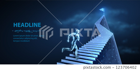 Man running up the stairs. Career path, digital technology, step to success, business growth. Man running up the stairs. Career path, digital technology, step to success, business growth. 123706402