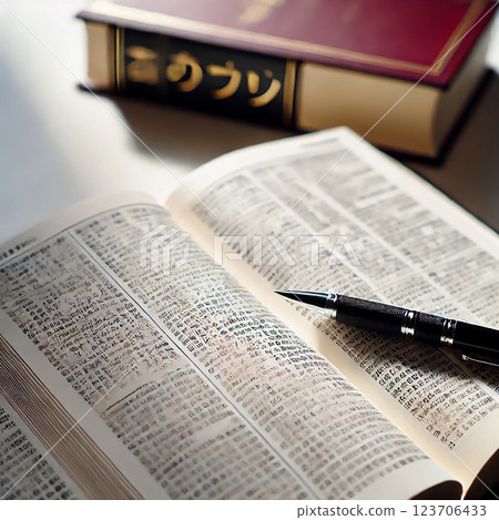 A learning scene with an open dictionary and a pen 123706433