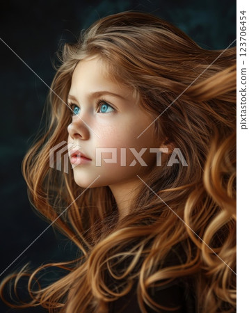 A gorgeous model with perfect, flowing hair embodies luxury, elegance, and style in this high-end beauty concept. 123706454