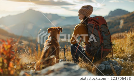 A woman and her dog stand atop the mountain trail, relishing the panoramic scenery and the quiet of nature. A woman and her dog stand atop the mountain trail, relishing the panoramic scenery and the quiet of nature. 123706458
