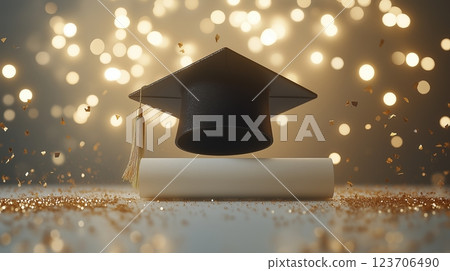 Graduation celebration with a cap and diploma among glowing lights 123706490