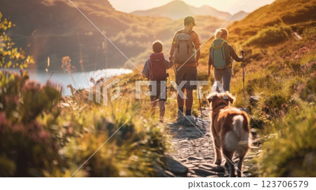 Hiking with their dog, a family enjoys the stunning mountain vista, backpacks and walking sticks in hand. Hiking with their dog, a family enjoys the stunning mountain vista, backpacks and walking sticks in hand. 123706579