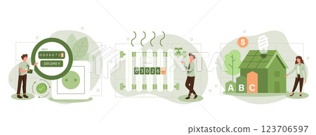 Sustainability vector set. Characters monitoring private electricity and central heating meter and calculating household utility bill. Home energy efficiency audit concept. consumption Costs increase Sustainability vector set. Characters monitoring private electricity and central heating meter and calculating household utility bill. Home energy efficiency audit concept. consumption Costs increase 123706597