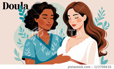 Doula support pregnant woman. Vector poster Doula support pregnant woman. Vector poster 123706616