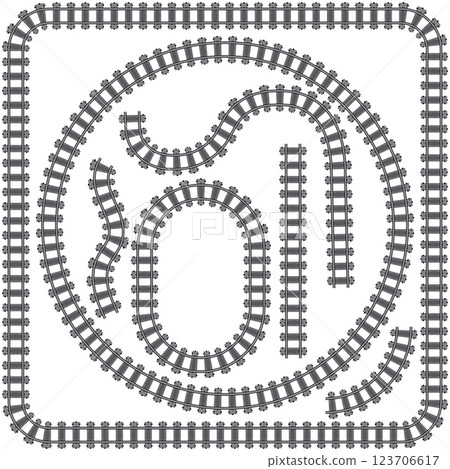 Vector Railway train track illustration. Rail pattern round circular curve railroad path icon. Straight, circular, rectangular, oval shapes, symbolizing transport routes 123706617