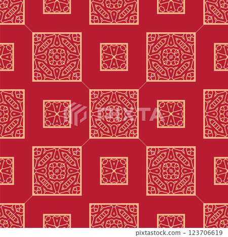 Vector Japanese seamless pattern in oriental geometric traditional style. Festive ornament for lunar chinese new year decoration. Red and golden asian creative motif. Abstract Squares Vector Japanese seamless pattern in oriental geometric traditional style. Festive ornament for lunar chinese new year decoration. Red and golden asian creative motif. Abstract Squares 123706619