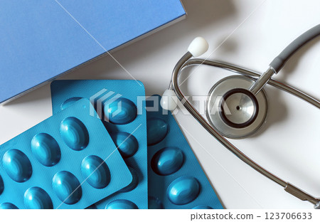 Medical concept. Blue drugs blister packaging. Medical concept. Blue drugs blister packaging. 123706633