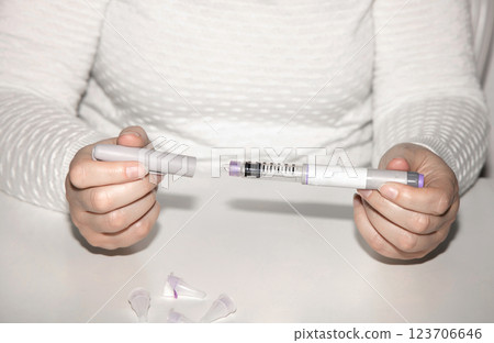 Female hands holding an insulin pen. Ozempic Insulin injection pen. 123706646