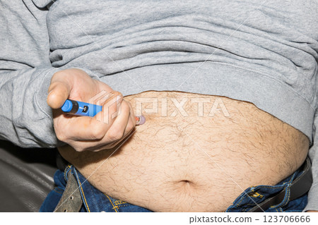 Diabetic man injects himself with Ozempic Insulin injection pen for diabetics. 123706666