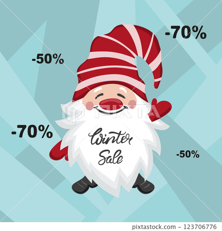 Greeting Christmas card with cartoon gnome or Winter sale poster Greeting Christmas card with cartoon gnome or Winter sale poster 123706776