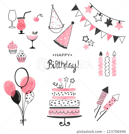 Birthday party icon set in pink and black colors 123706946