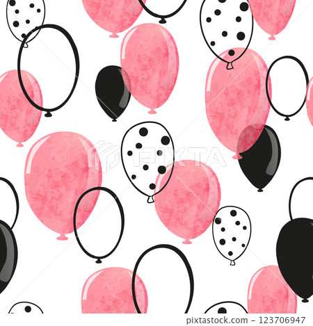 Watercolor pink and black balloons seamless pattern. Vector celebration background 123706947