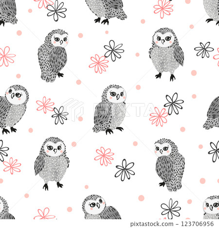 Seamless cute watercolor owls pattern 123706956