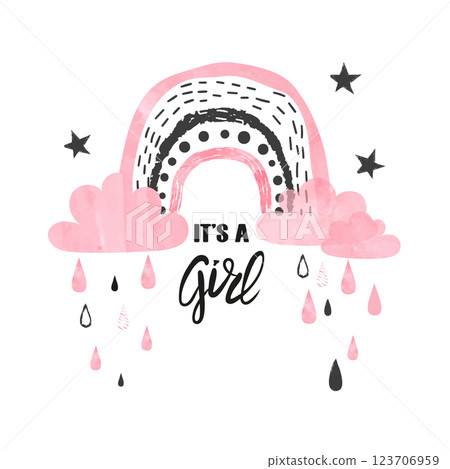 Baby shower girl vector illustration. Abstract rainbow and clouds 123706959