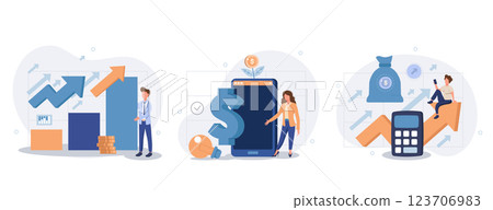 Finance growth illustration set. Characters analyzing investments, celebrating financial success and money growth. Money increasing concept. Vector illustration. Finance growth illustration set. Characters analyzing investments, celebrating financial success and money growth. Money increasing concept. Vector illustration. 123706983