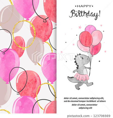 Happy Birthday greeting card design with cute dinosaur girl and balloons 123706989