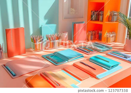 Organized and colorful desk with pastel stationery, notebooks, and a bright modern aesthetic 123707338