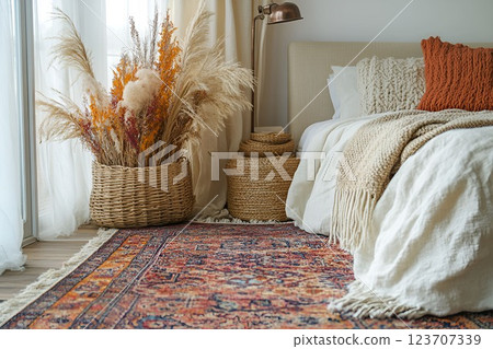 Elegant bedroom corner with beige and orange pillows, woven baskets, and a rustic aesthetic Elegant bedroom corner with beige and orange pillows, woven baskets, and a rustic aesthetic 123707339