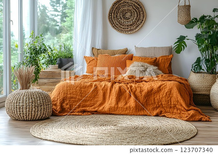 Stylish bedroom with orange bedding, natural materials, and greenery in a bright boho-style interior Stylish bedroom with orange bedding, natural materials, and greenery in a bright boho-style interior 123707340