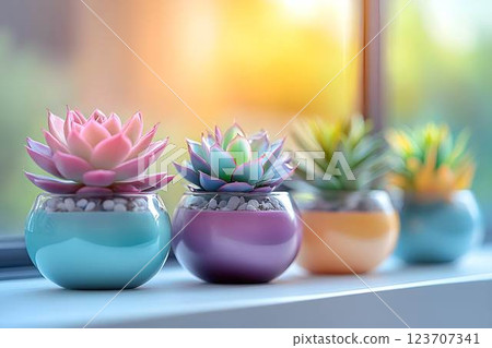 A row of colorful succulent plants in modern glass pots, placed on windowsill with soft natural light in the background A row of colorful succulent plants in modern glass pots, placed on windowsill with soft natural light in the background 123707341