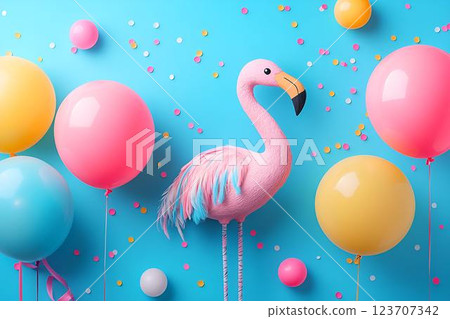 A festive and colorful composition featuring a pink flamingo figurine surrounded by pastel balloons and confetti A festive and colorful composition featuring a pink flamingo figurine surrounded by pastel balloons and confetti 123707342