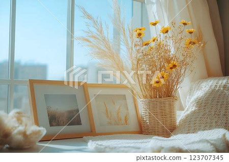 A beautifully styled windowsill with dried flowers in a woven basket, soft textiles, and framed nature photography 123707345