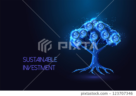 Money tree with dollar coins symbolizing sustainable investment and ESG finance. Futuristic vector 123707346