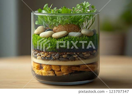 Layered terrarium in a glass jar with green moss, pebbles, and plants, creating miniature ecosystem on a wooden surface Layered terrarium in a glass jar with green moss, pebbles, and plants, creating miniature ecosystem on a wooden surface 123707347