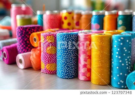 Spools of colorful patterned fabric thread in a sewing studio, neatly arranged on a table 123707348