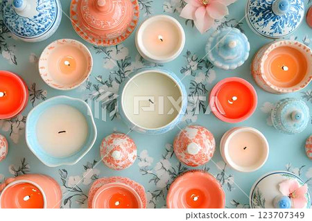 Flat lay of decorative ceramic candles in elegant blue and peach colors on a floral background 123707349