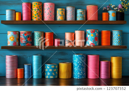Shelves with colorful spools of thread wrapped in fabric, creating a vibrant sewing workspace 123707352