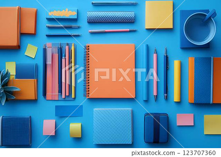 Organized desk layout with various office supplies in blue and orange tones, representing creativity and order Organized desk layout with various office supplies in blue and orange tones, representing creativity and order 123707360