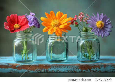 Three colorful flowers arranged in glass jars on a rustic blue wooden surface, creating a charming display Three colorful flowers arranged in glass jars on a rustic blue wooden surface, creating a charming display 123707362