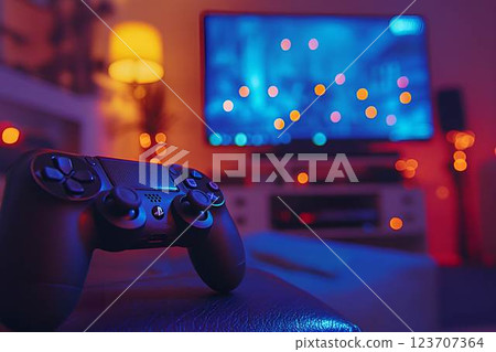 Gaming controller on a leather surface with blurred bokeh lights and a TV screen in the background 123707364