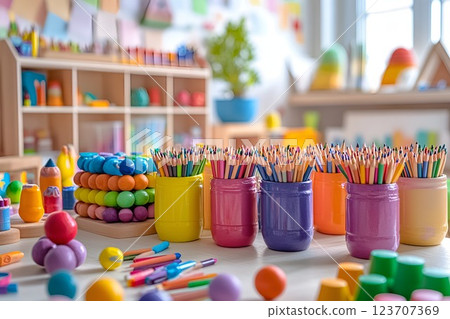 Colorful pencils in painted jars on a table in a creative children's playroom with wooden toys and educational materials 123707369