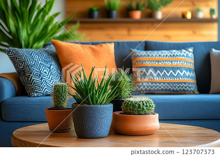 A stylish living room with blue and orange pillows, a wooden coffee table, and potted cacti adding a natural touch A stylish living room with blue and orange pillows, a wooden coffee table, and potted cacti adding a natural touch 123707373
