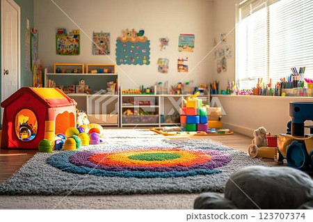 A bright and colorful kindergarten playroom with toys, books, and a rainbow rug creating a fun learning space 123707374