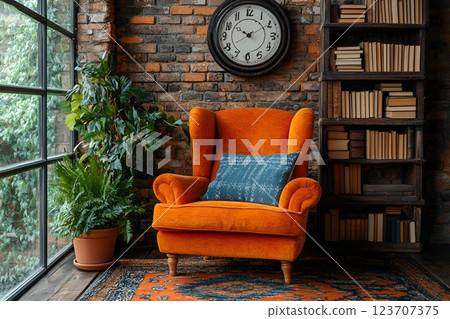 A cozy reading corner with an orange armchair, bookshelves, and a rustic brick wall for a warm and inviting space A cozy reading corner with an orange armchair, bookshelves, and a rustic brick wall for a warm and inviting space 123707375