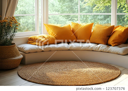 Cozy reading nook by a window with yellow pillows, a soft blanket, and a woven rug in natural tones Cozy reading nook by a window with yellow pillows, a soft blanket, and a woven rug in natural tones 123707376