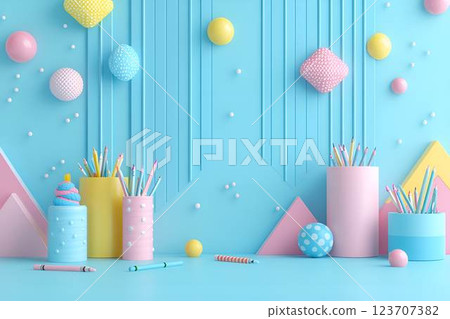 A pastel-themed workspace with colorful pencils and stationery in decorative holders, set against a geometric background A pastel-themed workspace with colorful pencils and stationery in decorative holders, set against a geometric background 123707382