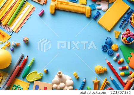 A flat lay of colorful school and art supplies on a bright blue background, symbolizing creativity and learning 123707385