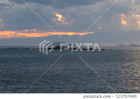 Evening view from Morito Beach in Hayama, Enoshima and the Najima Torii Gate 123707400