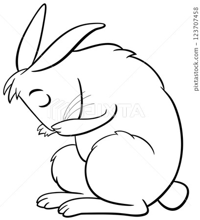 cartoon miniature rabbit animal character washing itself coloring page 123707458