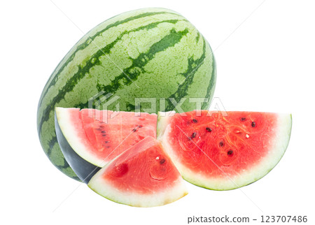 Fresh whole watermelon with juicy red slices isolated on white background 123707486