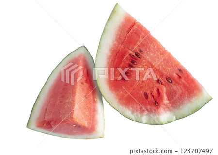 Close-up of fresh watermelon slices with juicy red pulp and seeds 123707497