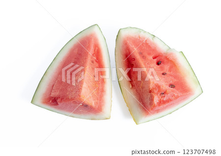Closeup of two juicy watermelon slices isolated on white background Closeup of two juicy watermelon slices isolated on white background 123707498