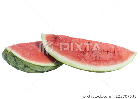 Fresh watermelon fruit slices isolated on white background, closeup 123707535