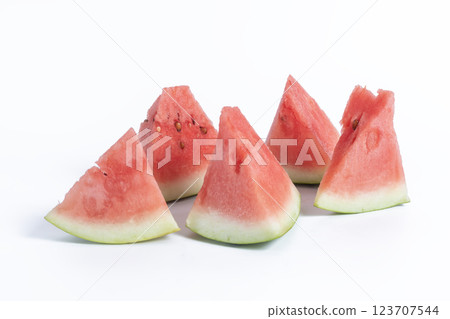 Closeup of juicy watermelon slices on a white background 123707544