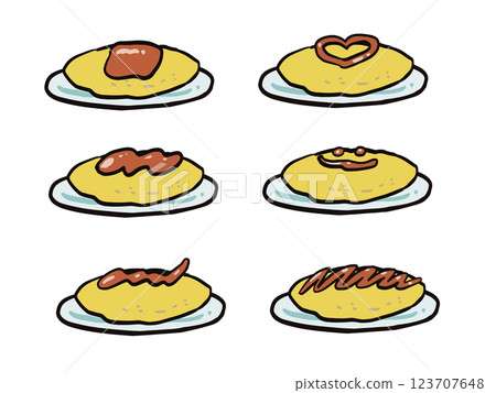 Hand-drawn illustration set of omurice with various ketchups 123707648